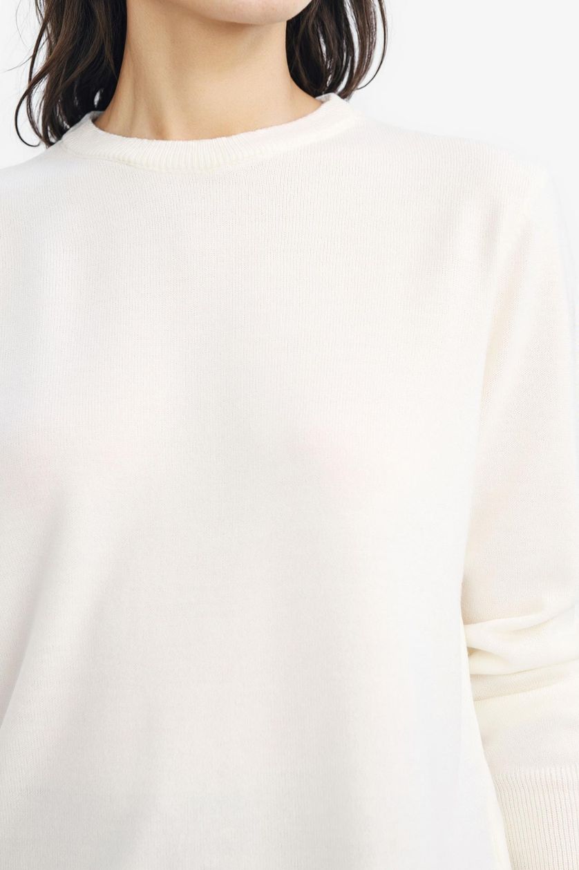 Kadın Ekru Relax Fit Bisiklet Yaka Triko Kazak