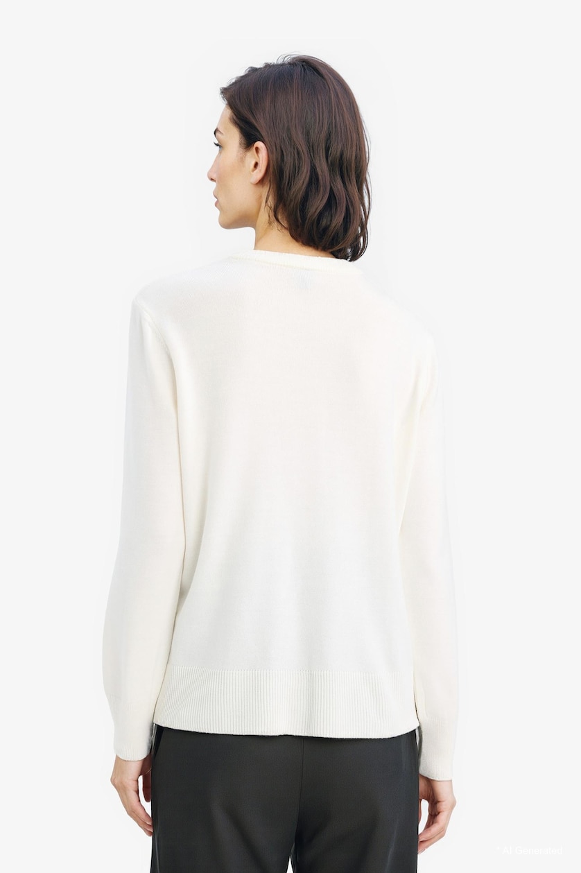 Women Ecru Relax Fit Crew Neck Knit Pullover