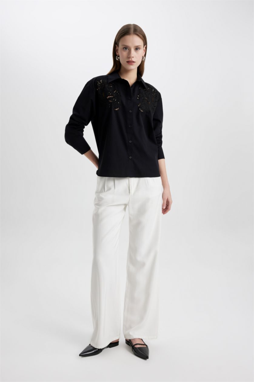 Kadın Siyah Oversize Geniş Kalıp Delikli Poplin Uzun Kollu Siyah Gömlek