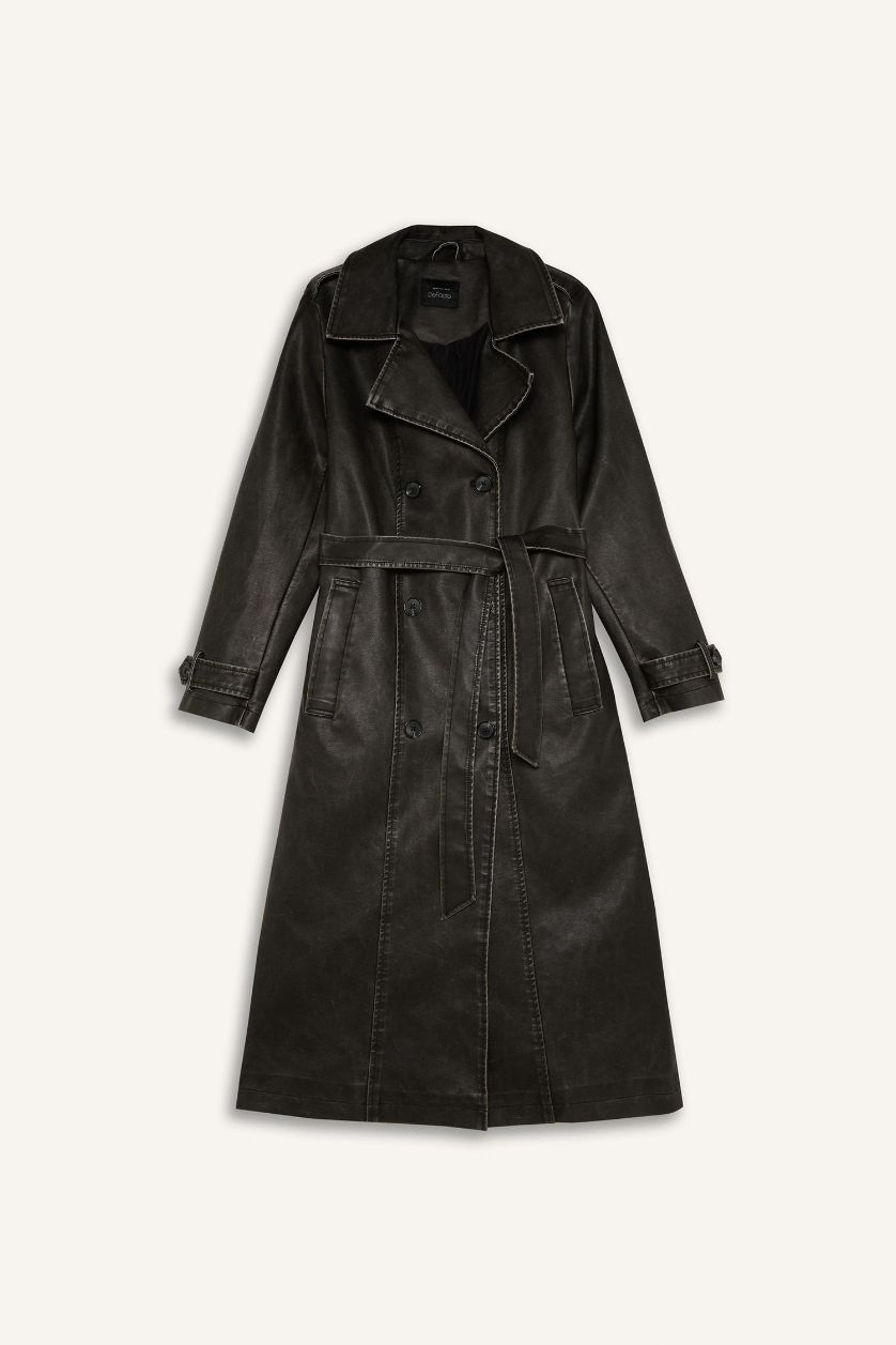 Kadın Açık Haki Su Geçirmez Regular Kalıp Kemerli Cepli Eskitme Suni Deri Uzun Trençkot