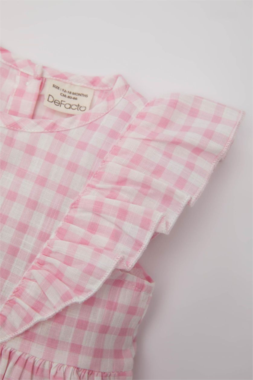 Kız Bebek Pembe Kız Bebek Kareli Kolsuz Keten Görünümlü Elbise