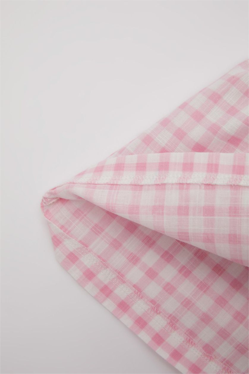 Kız Bebek Pembe Kız Bebek Kareli Kolsuz Keten Görünümlü Elbise