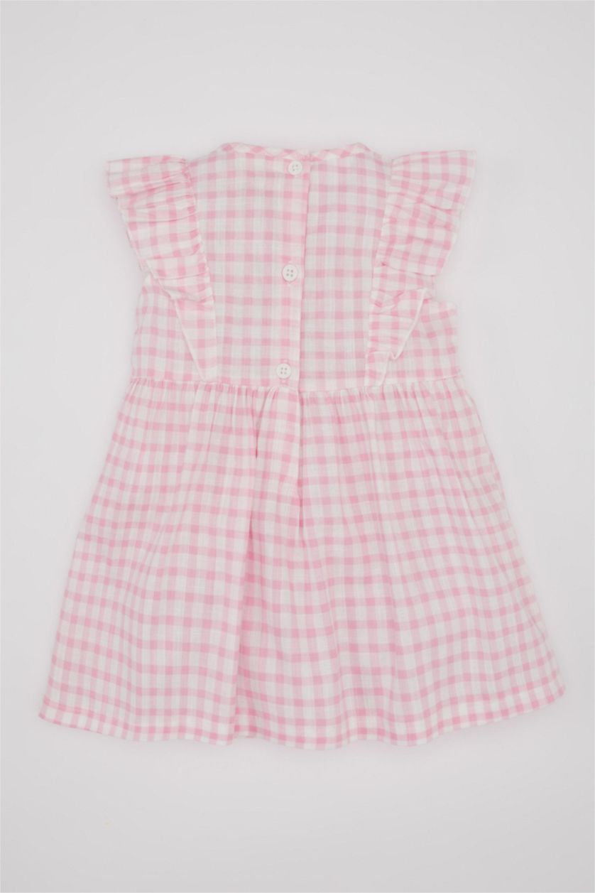 Kız Bebek Pembe Kız Bebek Kareli Kolsuz Keten Görünümlü Elbise