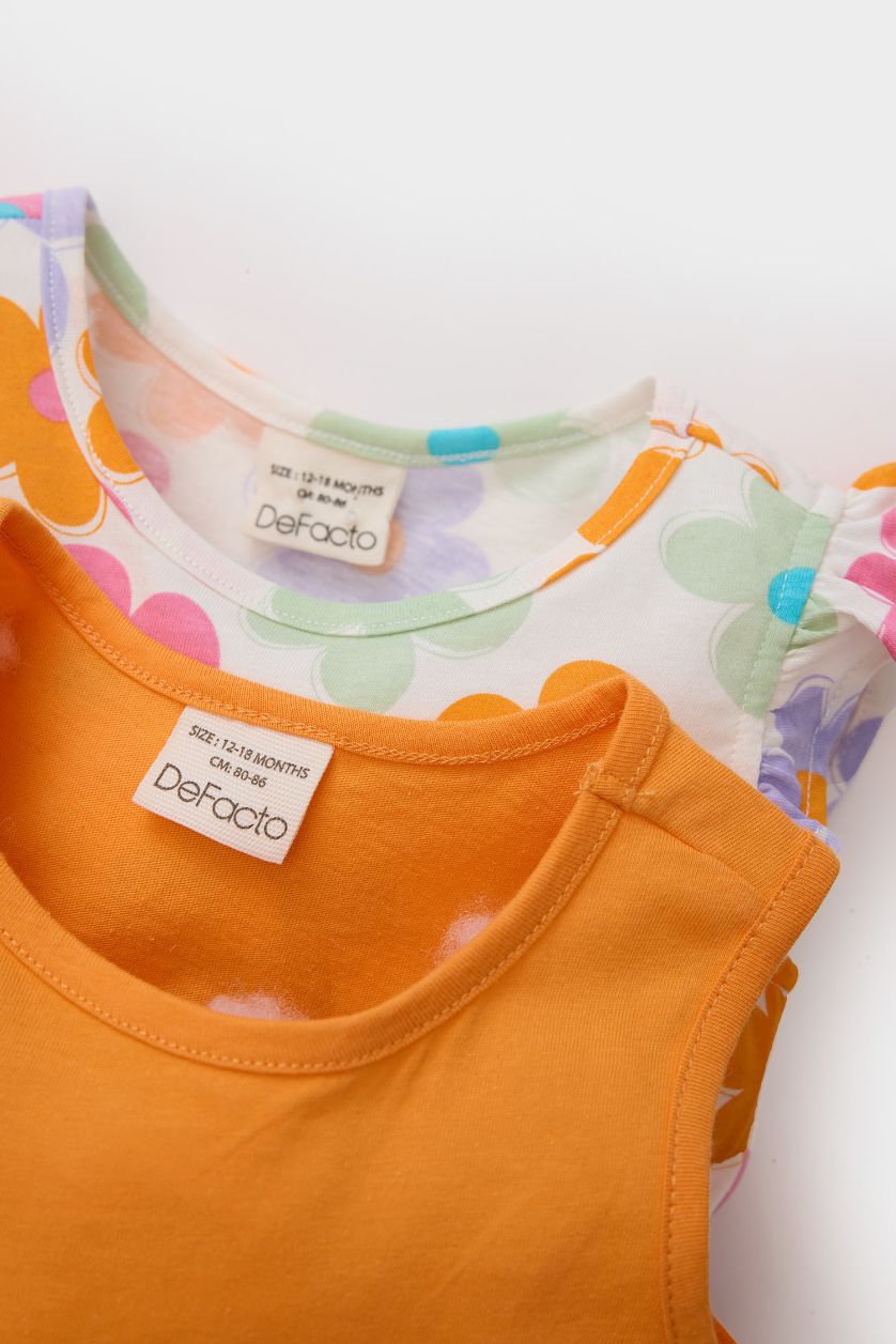 Kız Bebek Ekru Desenli Kısa Kollu 2'li Elbise Kız Bebek