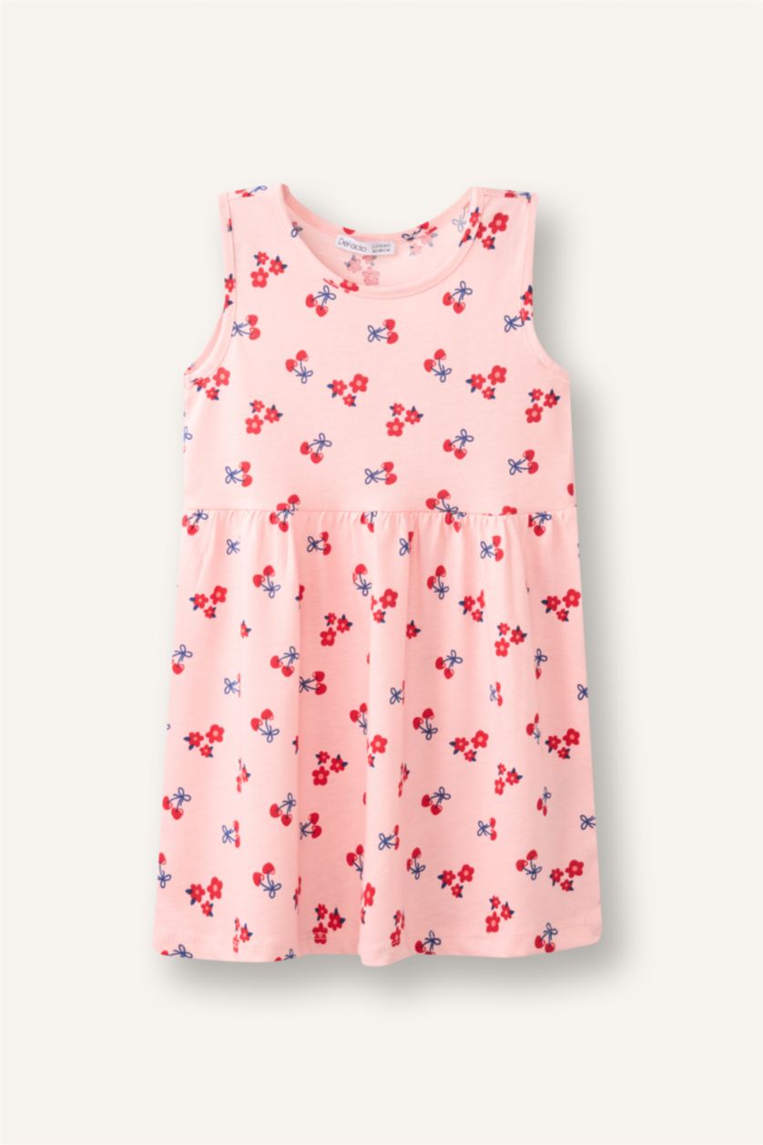 Baby Girls Light Pink Regular Fit Printed Sleeveless Knitted Dress