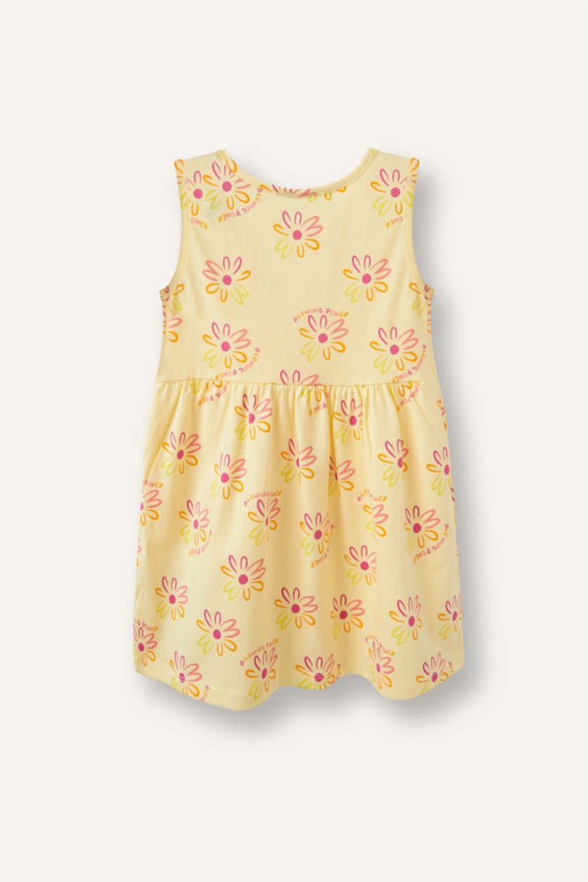 Baby Girls Light Yellow Regular Fit Printed Sleeveless Knitted Dress