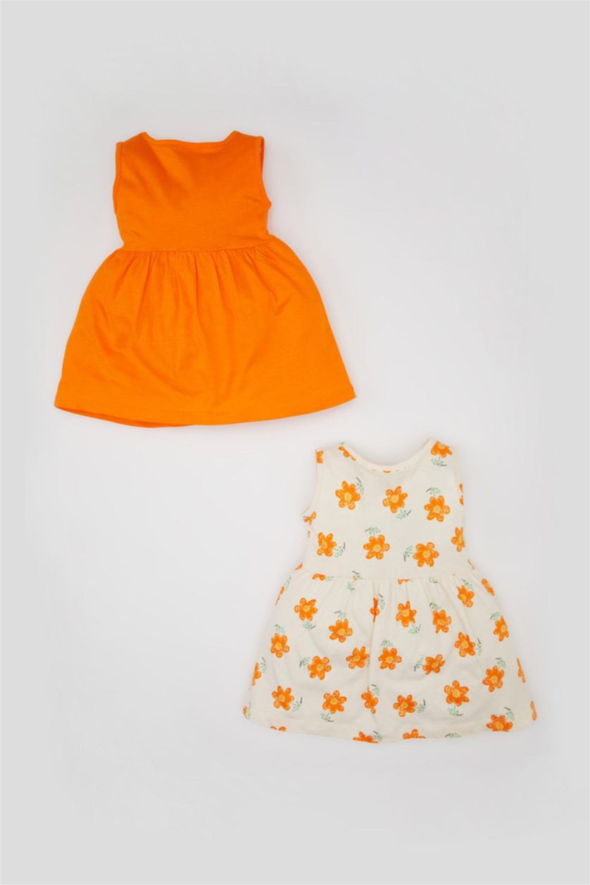 طفلة صغيرة برتقالي فستان بناتي قصة عادية بدون كم - قطعتين