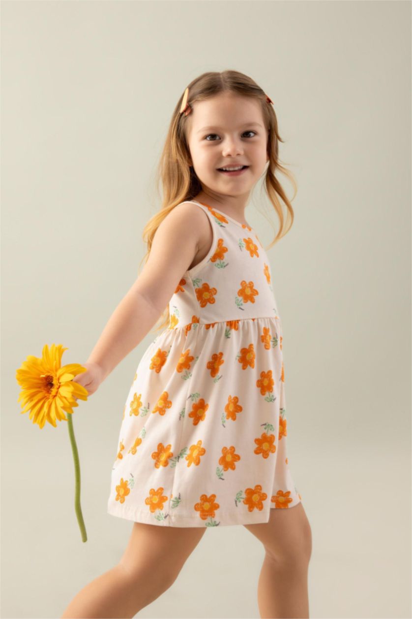 طفلة صغيرة برتقالي فستان بناتي قصة عادية بدون كم - قطعتين