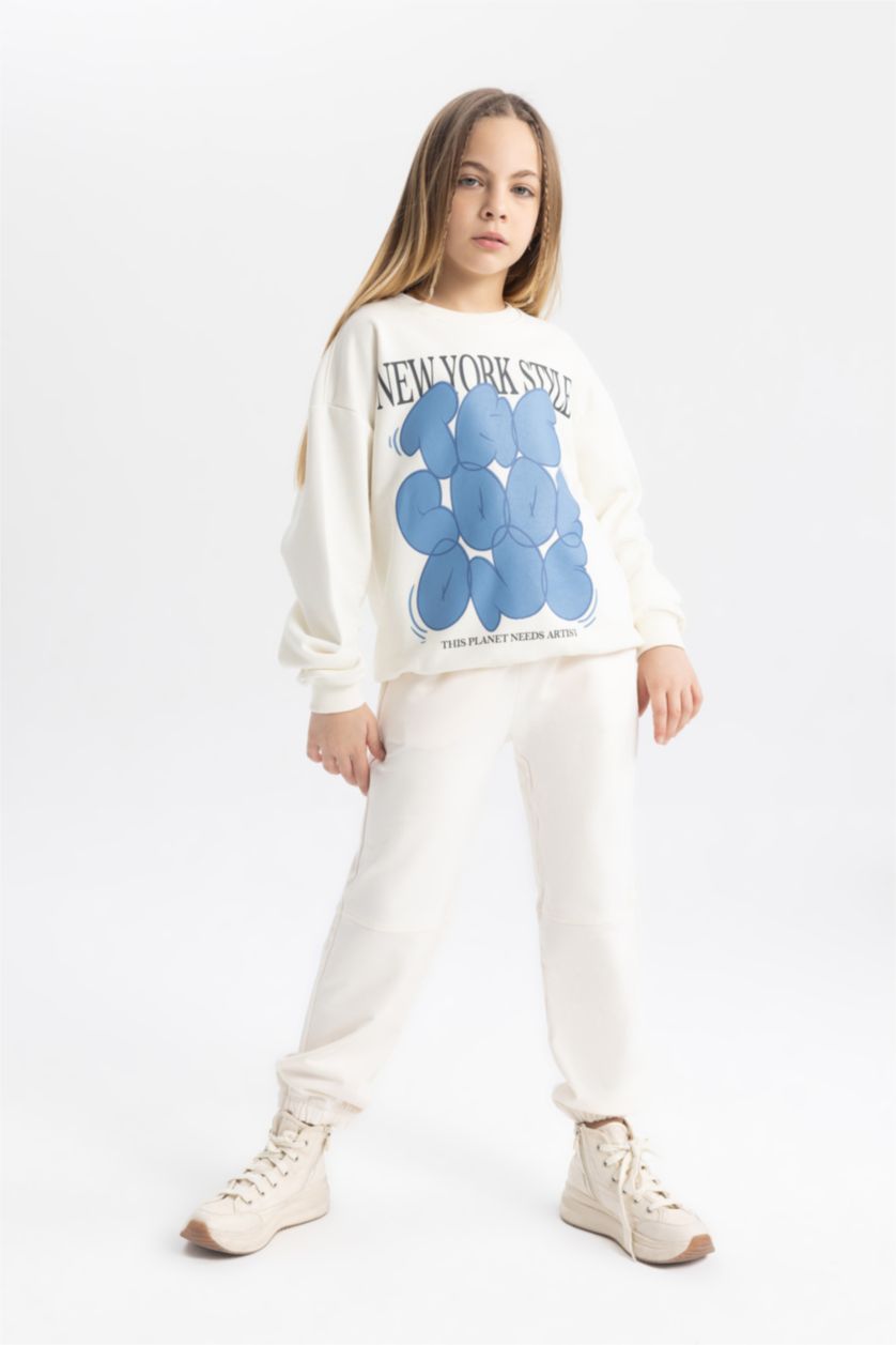 بنات بيج فاتح سويت شيرت بناتي اوفر سايز بياقة مستديرة