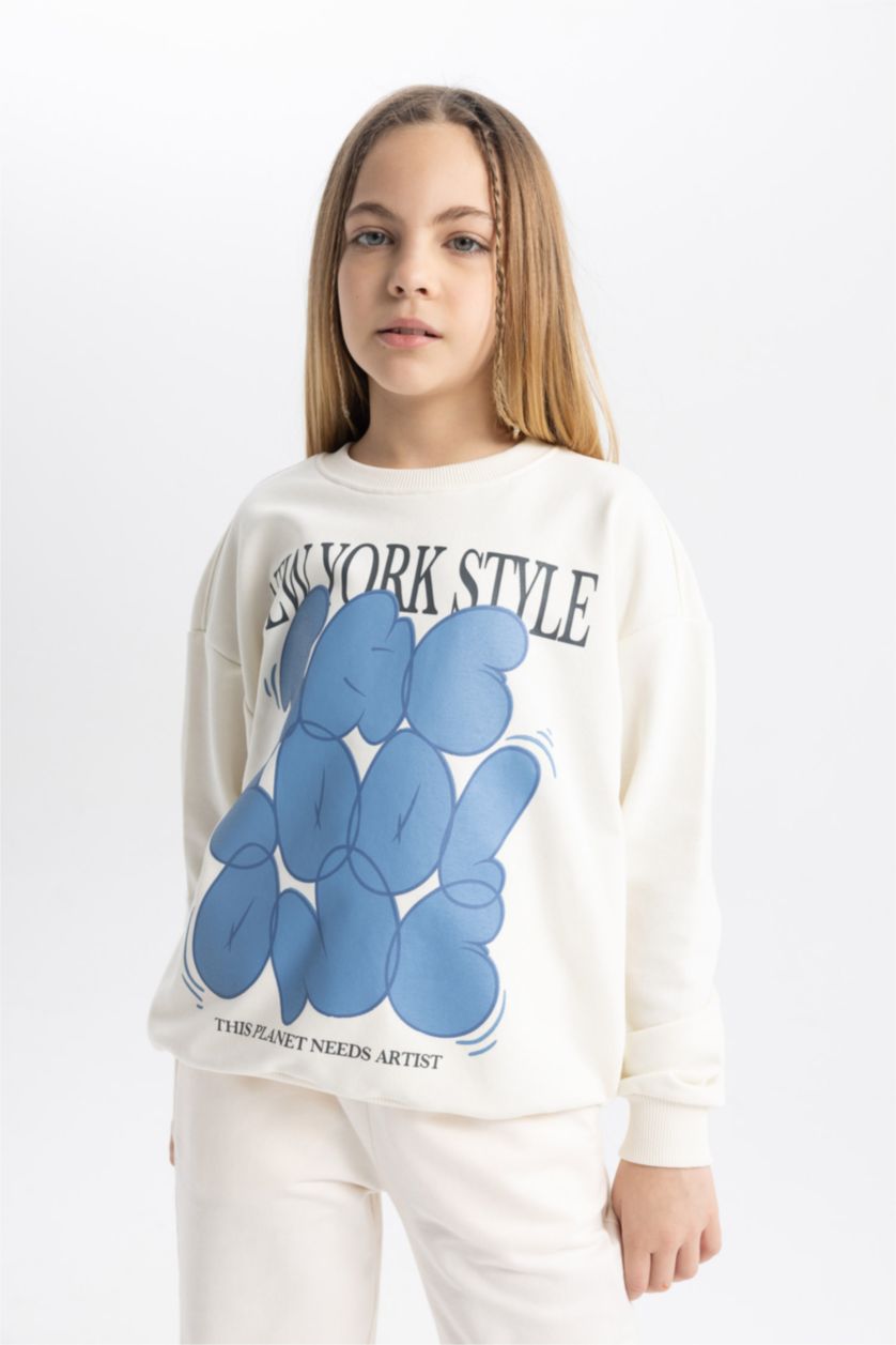 بنات بيج فاتح سويت شيرت بناتي اوفر سايز بياقة مستديرة