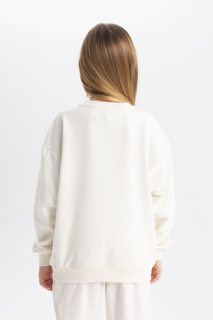 بنات بيج فاتح سويت شيرت بناتي اوفر سايز بياقة مستديرة