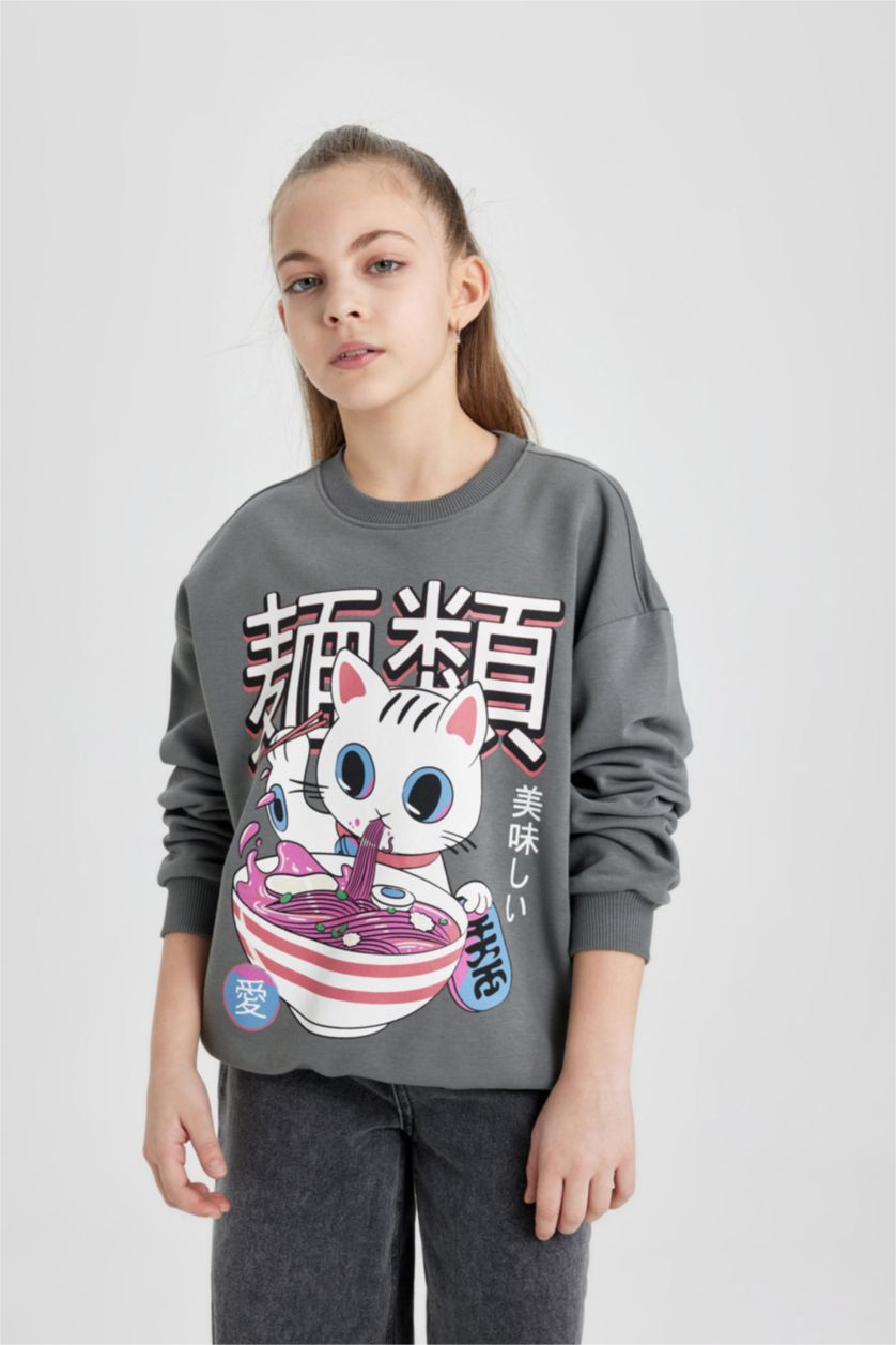 بنات رمادي سويت شيرت بناتي بطبعة شعار اوفر سايز بياخة مستديرة