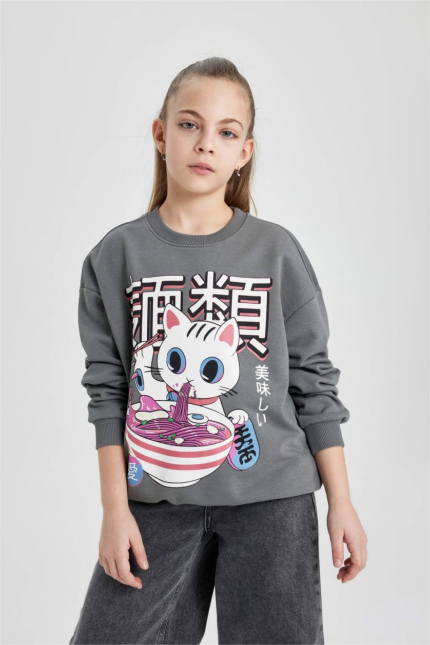 بنات رمادي سويت شيرت بناتي بطبعة شعار اوفر سايز بياخة مستديرة