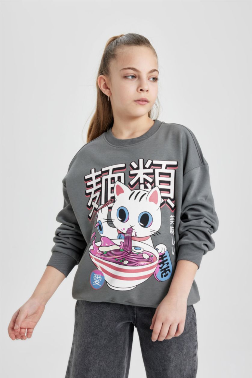 بنات رمادي سويت شيرت بناتي بطبعة شعار اوفر سايز بياخة مستديرة