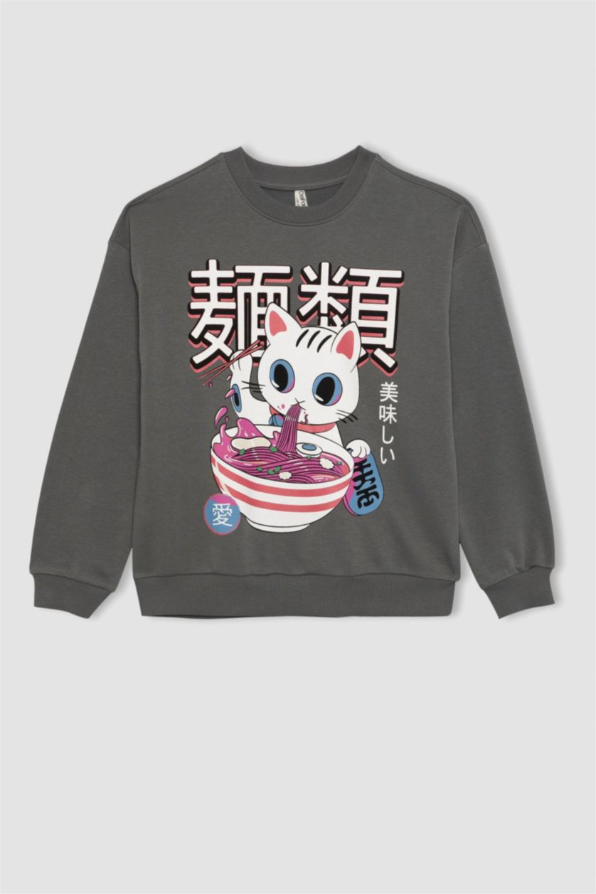 بنات رمادي سويت شيرت بناتي بطبعة شعار اوفر سايز بياخة مستديرة