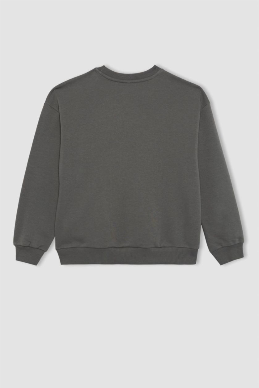 بنات رمادي سويت شيرت بناتي بطبعة شعار اوفر سايز بياخة مستديرة