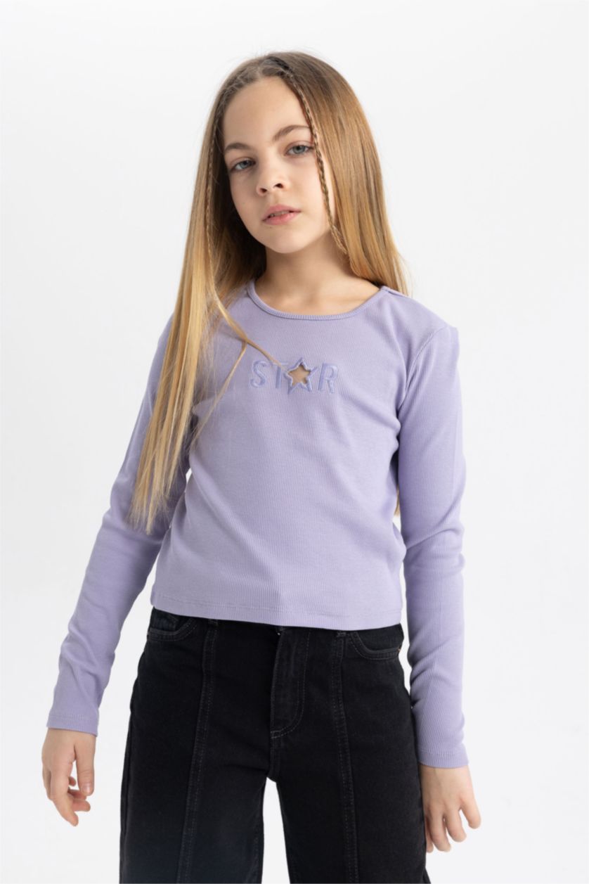 GIRLS & TEENS Lilac تيشيرت كم طويل مضلع كروب توب