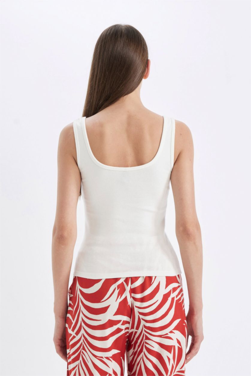 Kadın Ekru Slim Fit Dar Kesim U Yaka Ribana Basic Düz Atlet