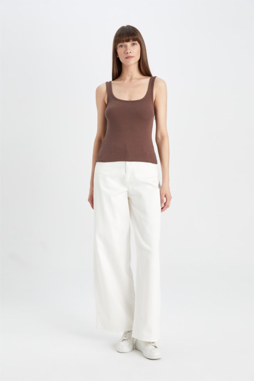 نساء فيزوني تانك توب مضلع سليم فيت برقبة مستديرة بدون كم