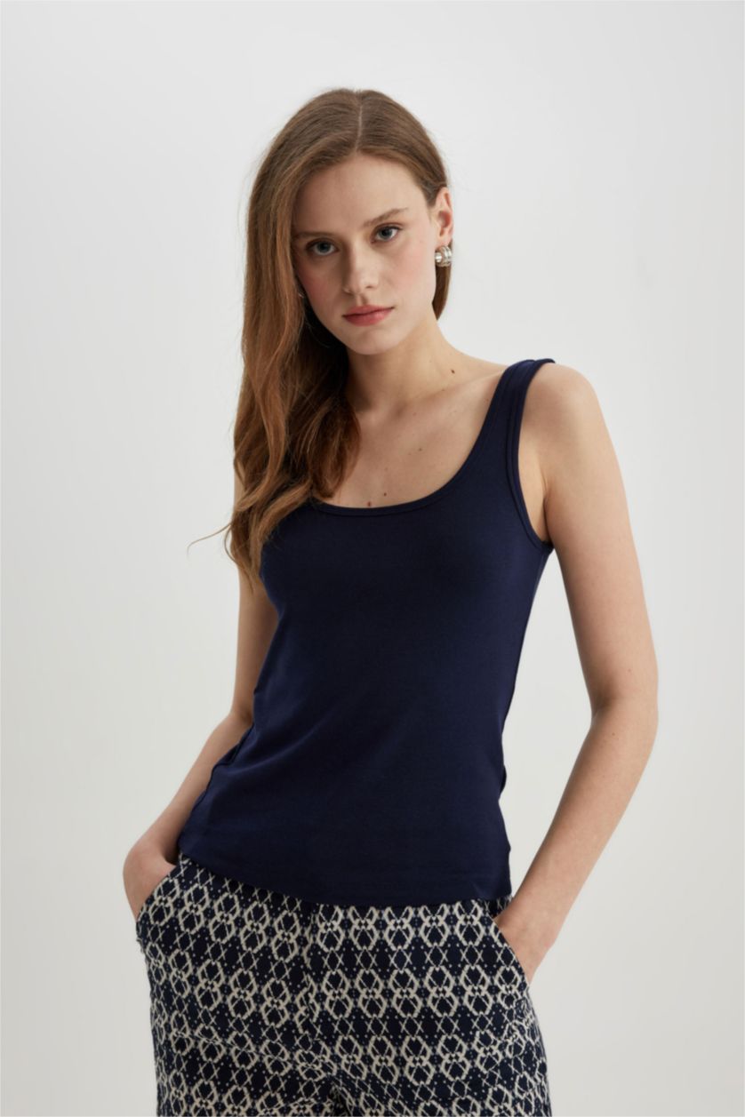 Kadın Lacivert Slim Fit Dar Kesim U Yaka Ribana Basic Düz Atlet