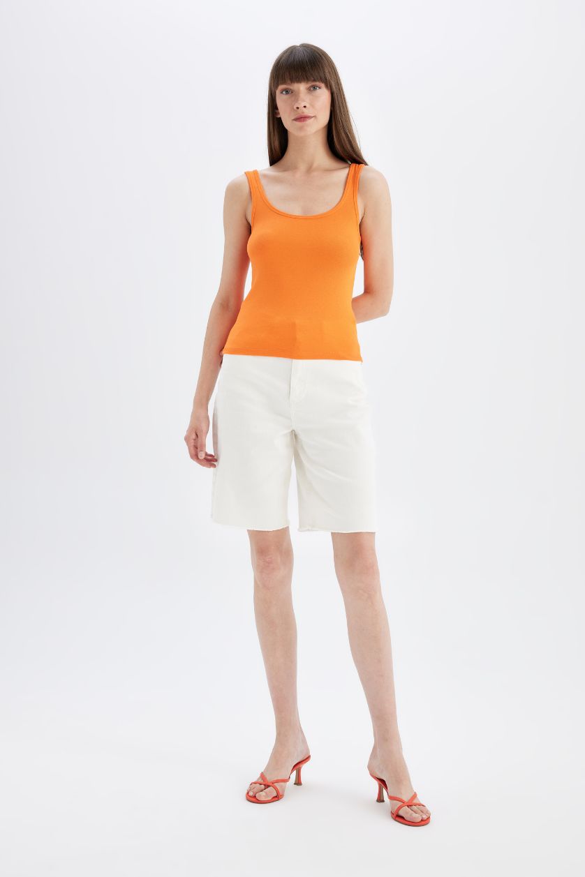 Kadın Turuncu Slim Fit Dar Kesim U Yaka Ribana Basic Düz Atlet