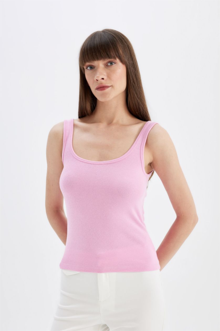 Kadın Fuşya Slim Fit Dar Kesim U Yaka Ribana Basic Düz Atlet