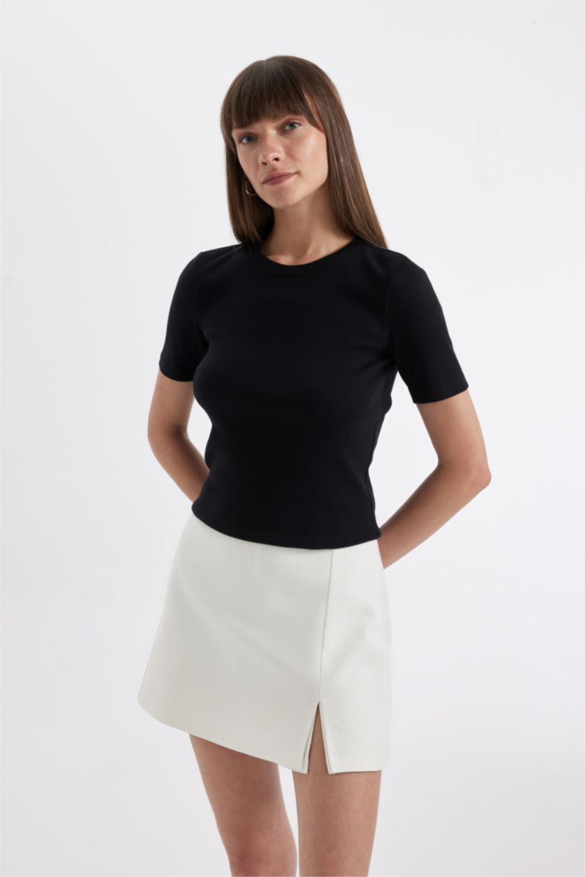 نساء أسود تي شيرت مضلع سليم فيت بياقة مستديرة