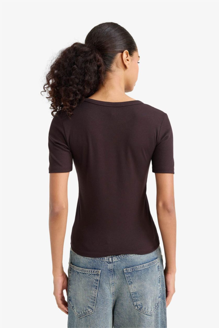 WOMAN Brown Slim Fit Basic Ribbed Camisole Short Sleeve T-Shirt