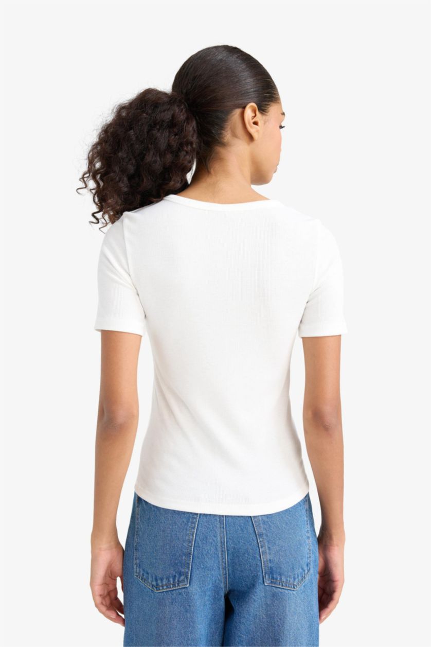 FEMME Écru T-shirt slim côtelé basique à col rond et manches courtes