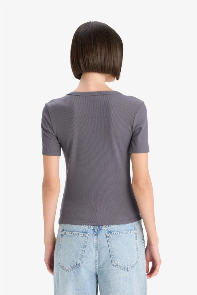 Woman Grey Slim Fit Basic Ribbed Camisole Short Sleeve T-Shirt