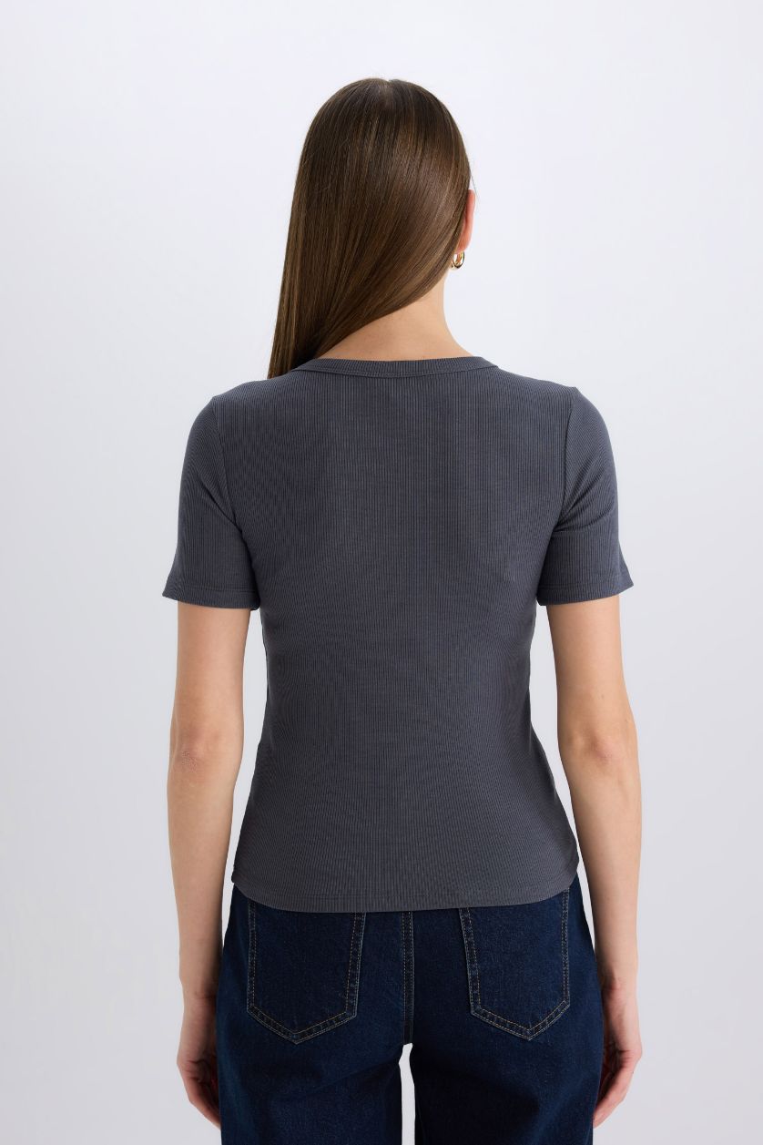 FEMME Anthracite T-shirt slim fit à col rond en coton côtelé à manches courtes