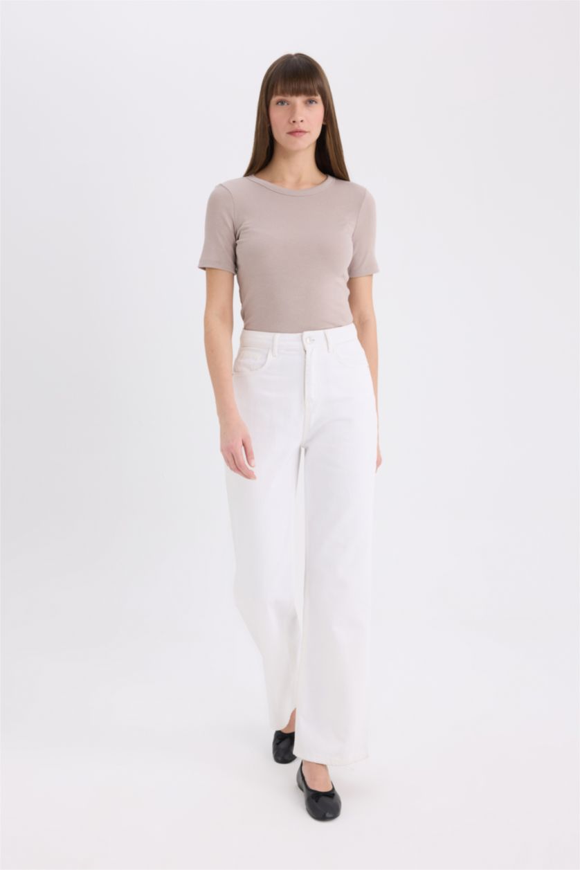 Kadın Taş Slim Fit Dar Kesim Bisiklet Yaka Fitilli Kaşkorse Basic Düz Kısa Kollu Tişört