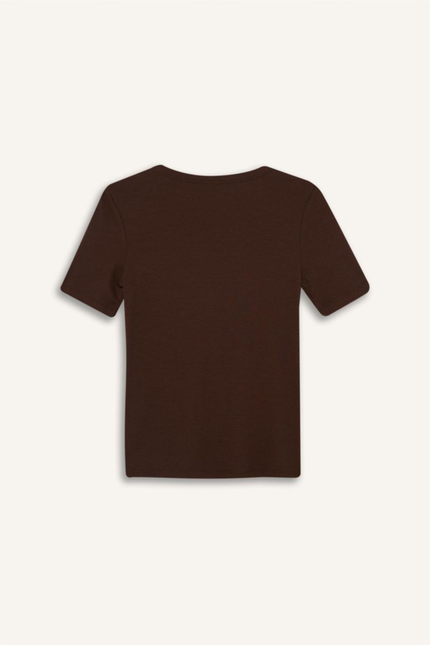 Kadın Kahve Slim Fit Dar Kesim Bisiklet Yaka Fitilli Kaşkorse Basic Düz Kısa Kollu Tişört