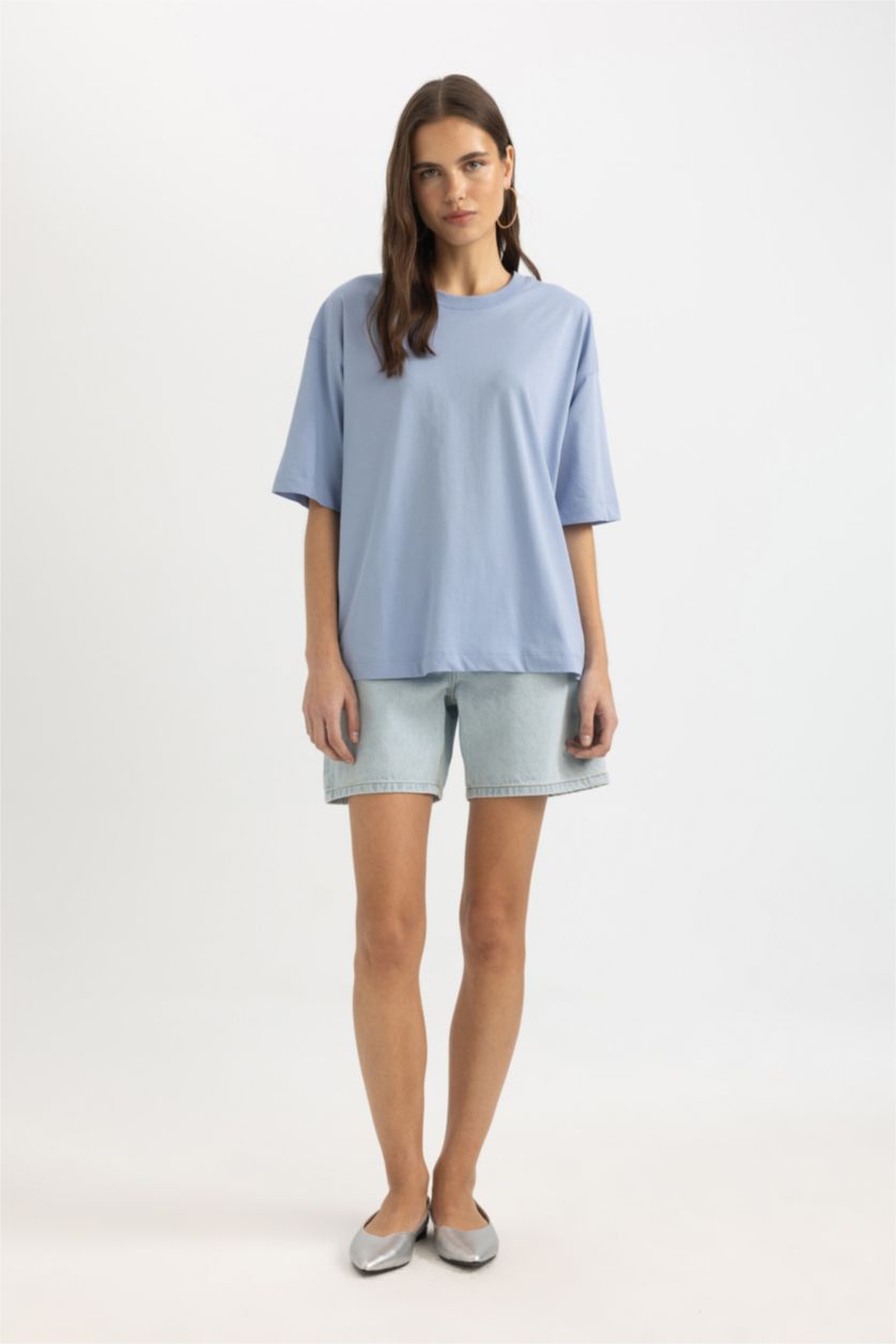 نساء أزرق تيشيرت نص ردن اوفر سايز بياخة مستديرة