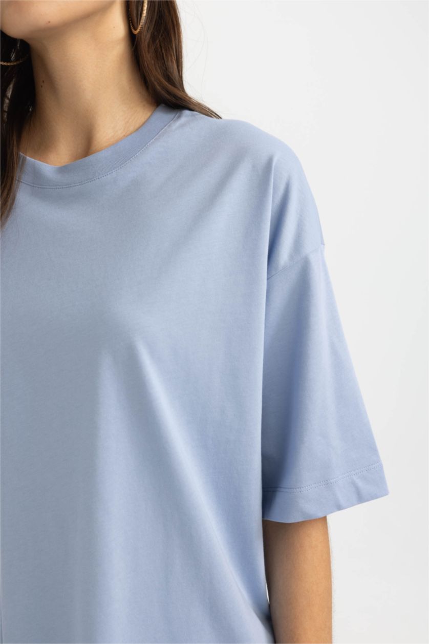 نساء أزرق تيشيرت نص ردن اوفر سايز بياخة مستديرة