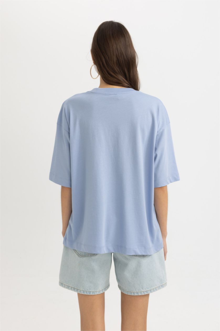 نساء أزرق تيشيرت نص ردن اوفر سايز بياخة مستديرة