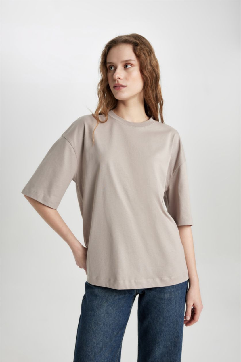 WOMAN Stone Oversize Crew Neck Cotton Basic T-Shirt