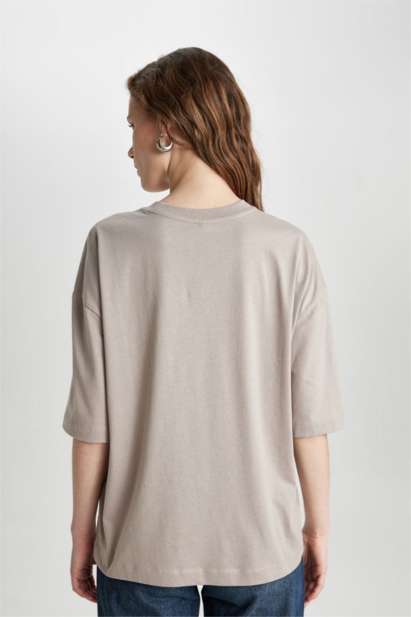 WOMAN Stone Oversize Crew Neck Cotton Basic T-Shirt