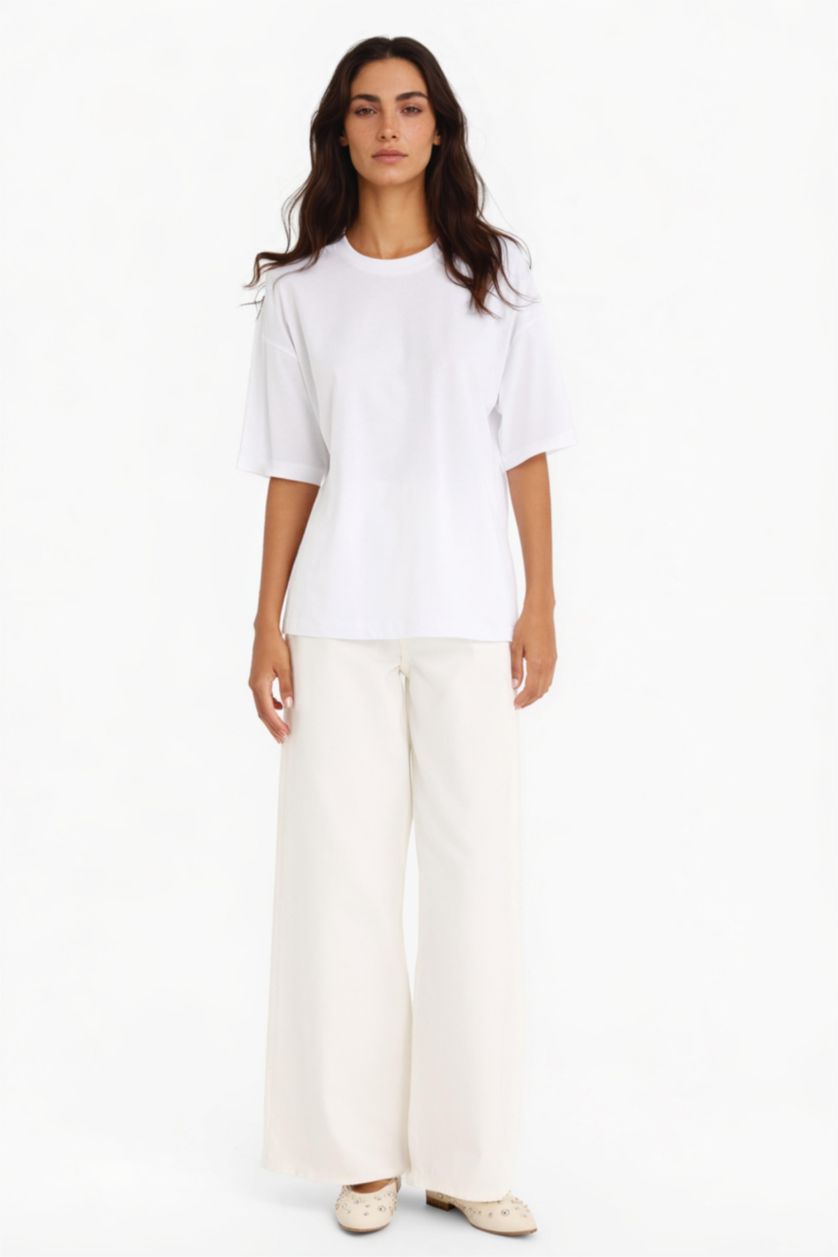 Kadın Beyaz Oversıze Penye Kısa Kollu Tişört