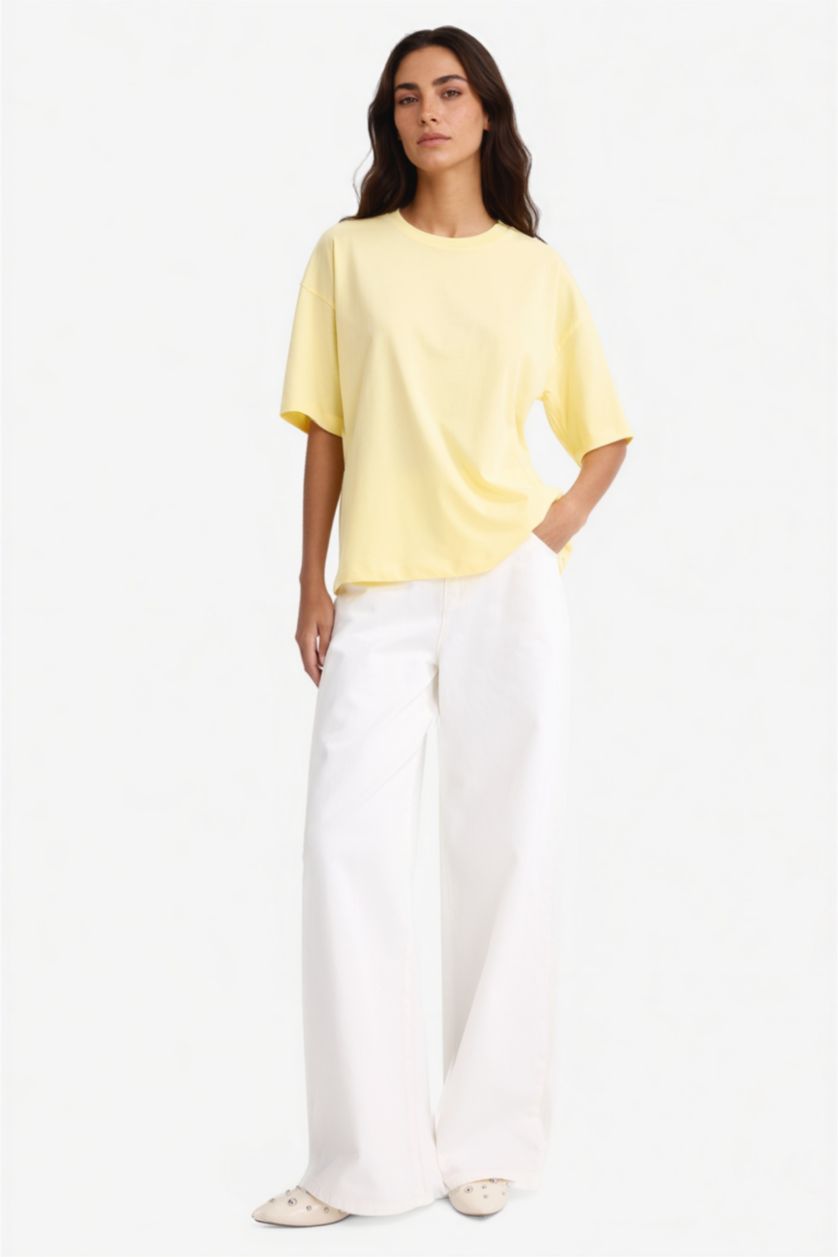 FEMME Jaune T-shirt basique oversize en coton peigné à col rond