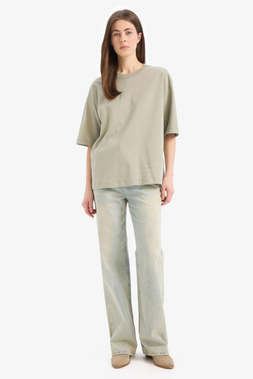 نساء أخضر تيشيرت نص ردن سادة اوفر سايز بياخة مستديرة