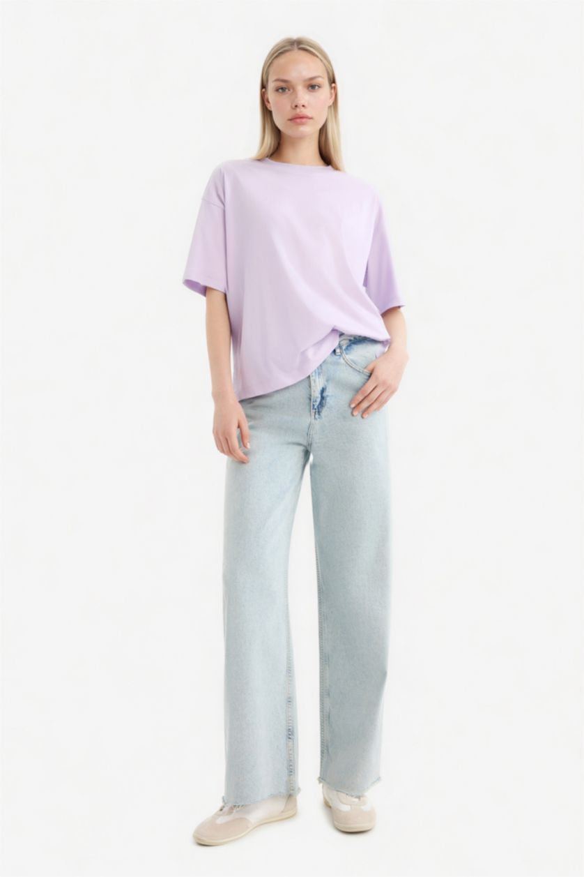 Kadın Lila %100 Pamuk Oversıze Basıc Tişört