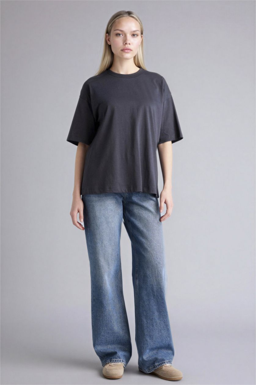 Woman Anthracite تيشيرت سادة بيزك نص ردن اوفر سايز