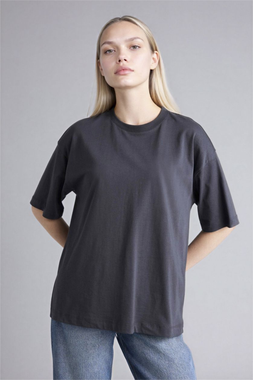 Woman Anthracite تيشيرت سادة بيزك نص ردن اوفر سايز
