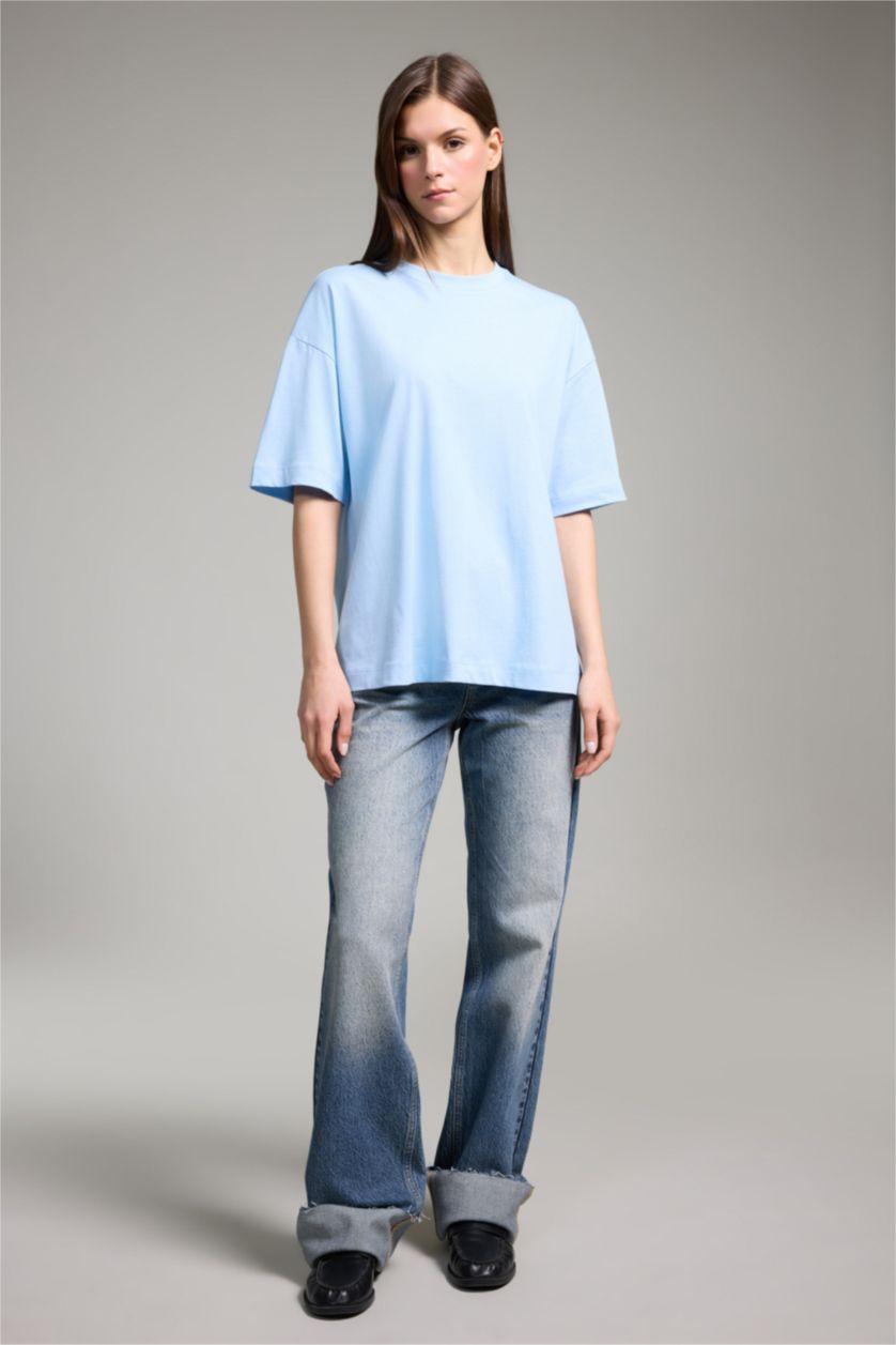 Woman Blue تيشيرت سادة بيزك نص ردن اوفر سايز