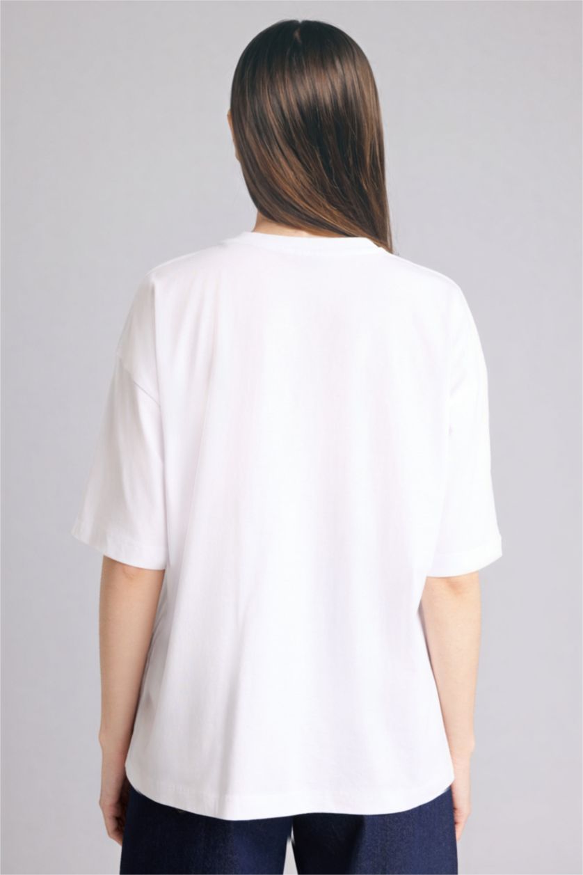 Woman Violet Beyaz تيشيرت نص ردن بيزك سادة اوفر سايز