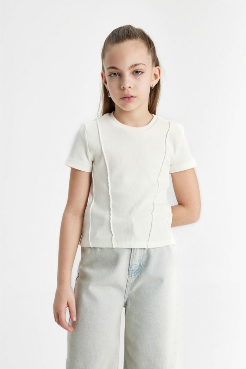 Kız Çocuk - Genç Kız Ekru Slim Fit Dar Kesim Bisiklet Yaka Ribana Kısa Kollu Tişört Kız Çocuk