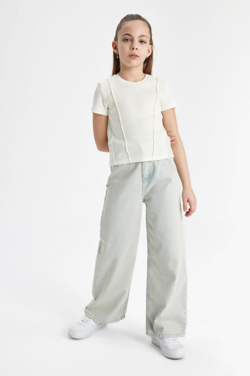 Kız Çocuk - Genç Kız Ekru Slim Fit Dar Kesim Bisiklet Yaka Ribana Kısa Kollu Tişört Kız Çocuk