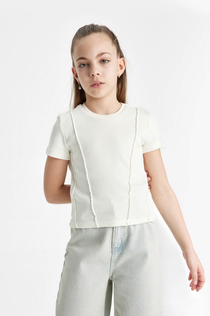 Kız Çocuk - Genç Kız Ekru Slim Fit Dar Kesim Bisiklet Yaka Ribana Kısa Kollu Tişört Kız Çocuk