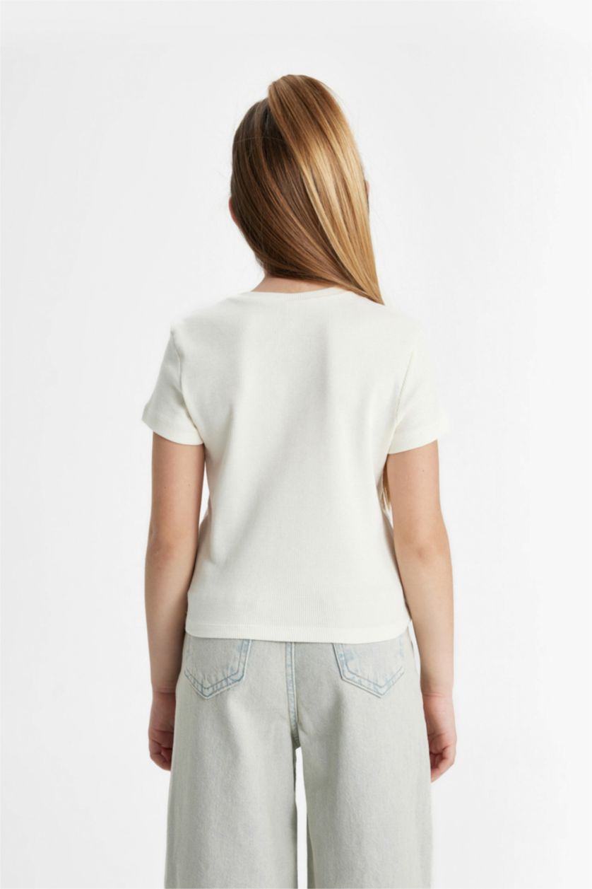 Kız Çocuk - Genç Kız Ekru Slim Fit Dar Kesim Bisiklet Yaka Ribana Kısa Kollu Tişört Kız Çocuk